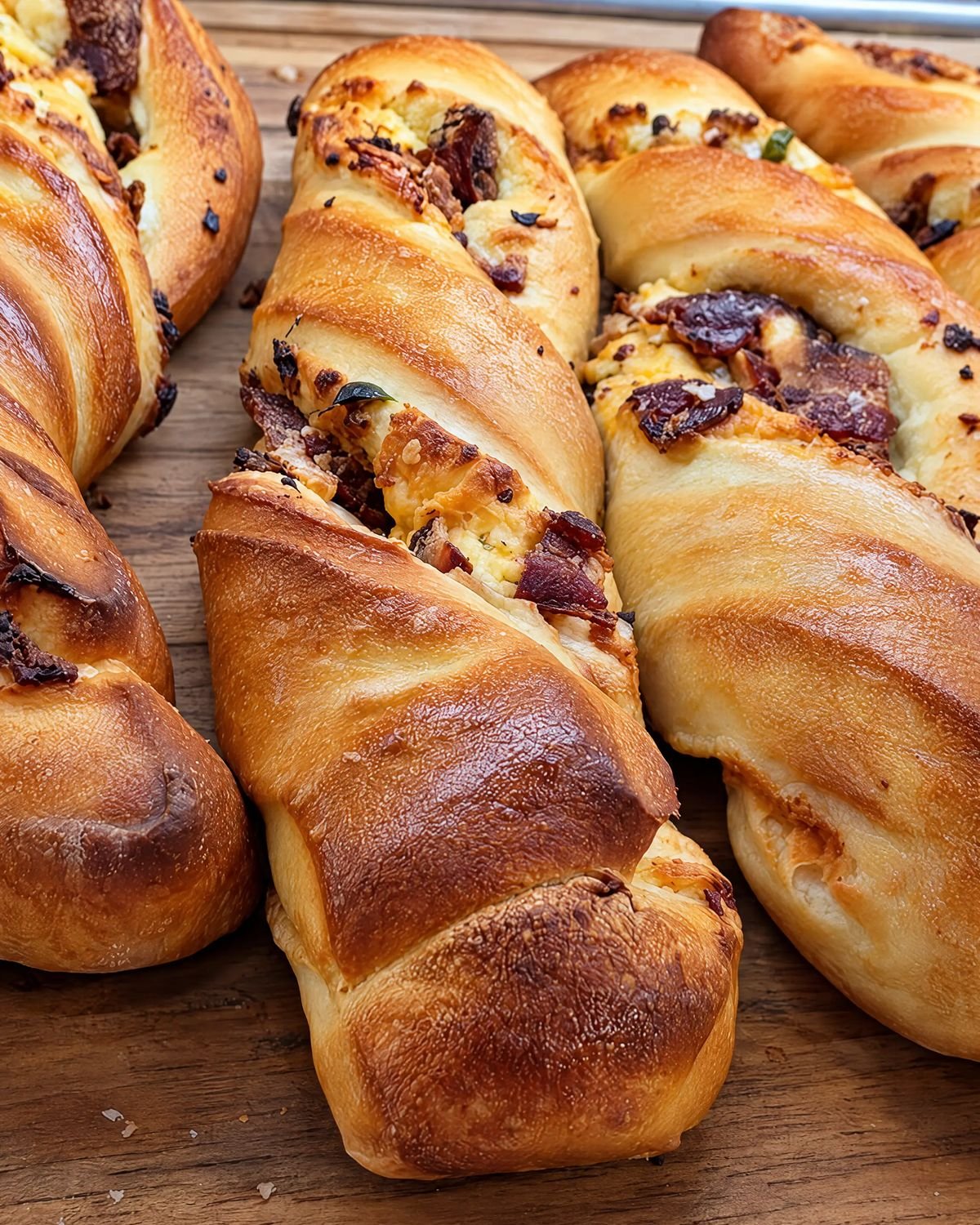 Golden twisted buns baked with bacon and melted mozzarella