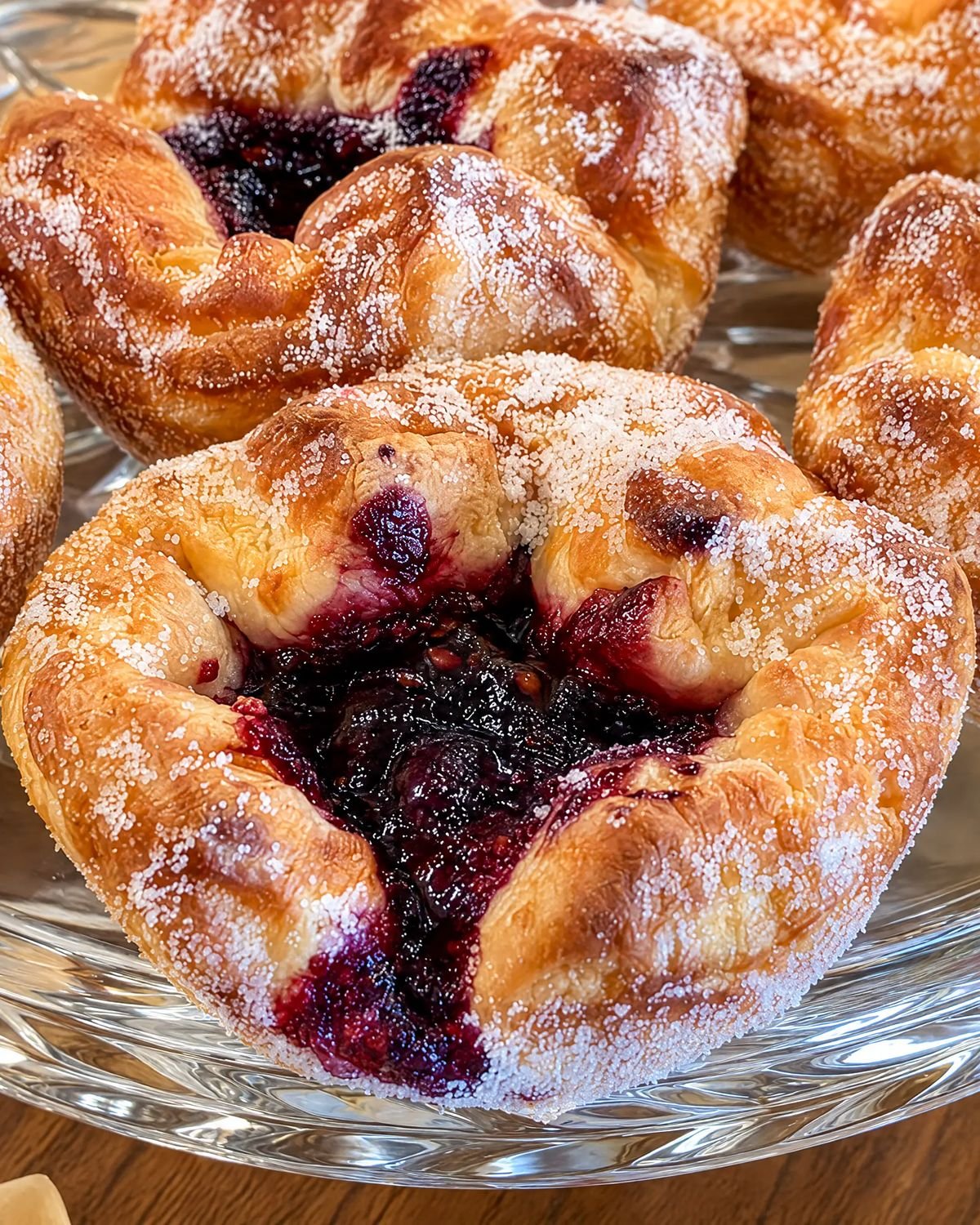 Kouign-Amann pastries, sugar-crusted with a dark berry filling, on a glass cake stand
