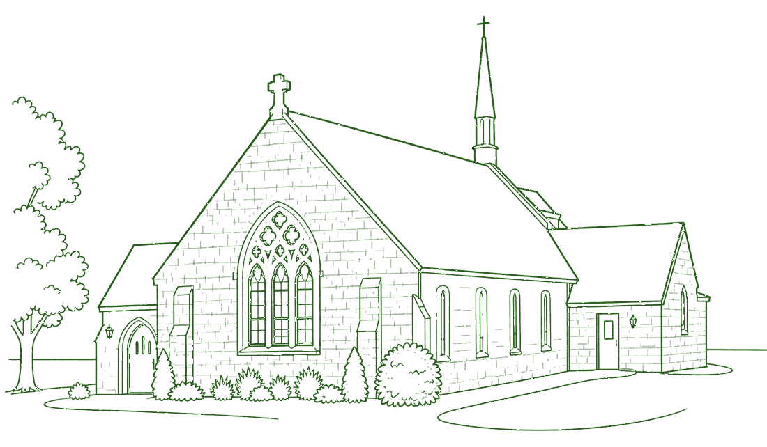 Line illustration of the restored 1930s stone church that houses Kairos Bakehouse