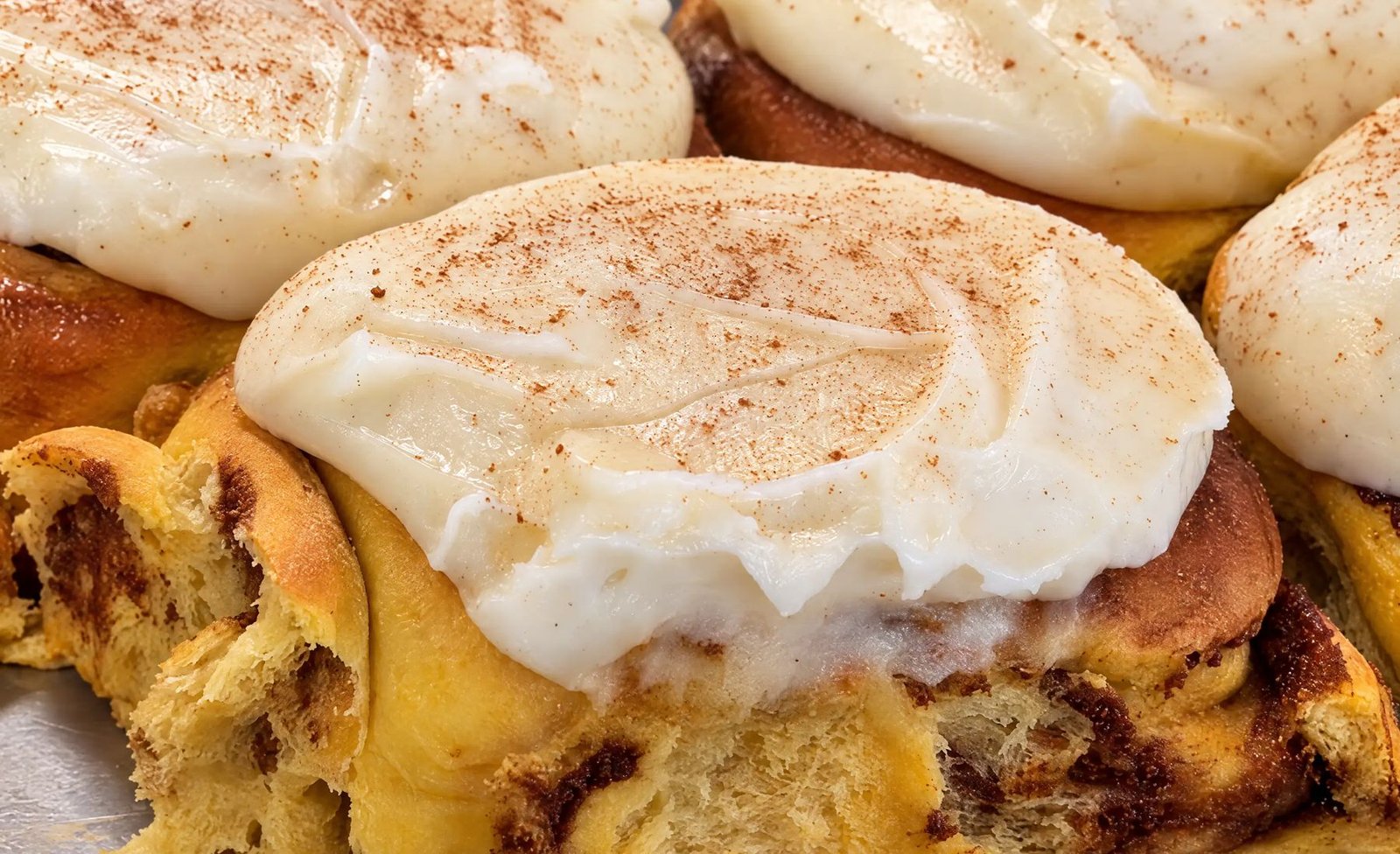 Cinnamon rolls with thick cream frosting, dusted with cinnamon