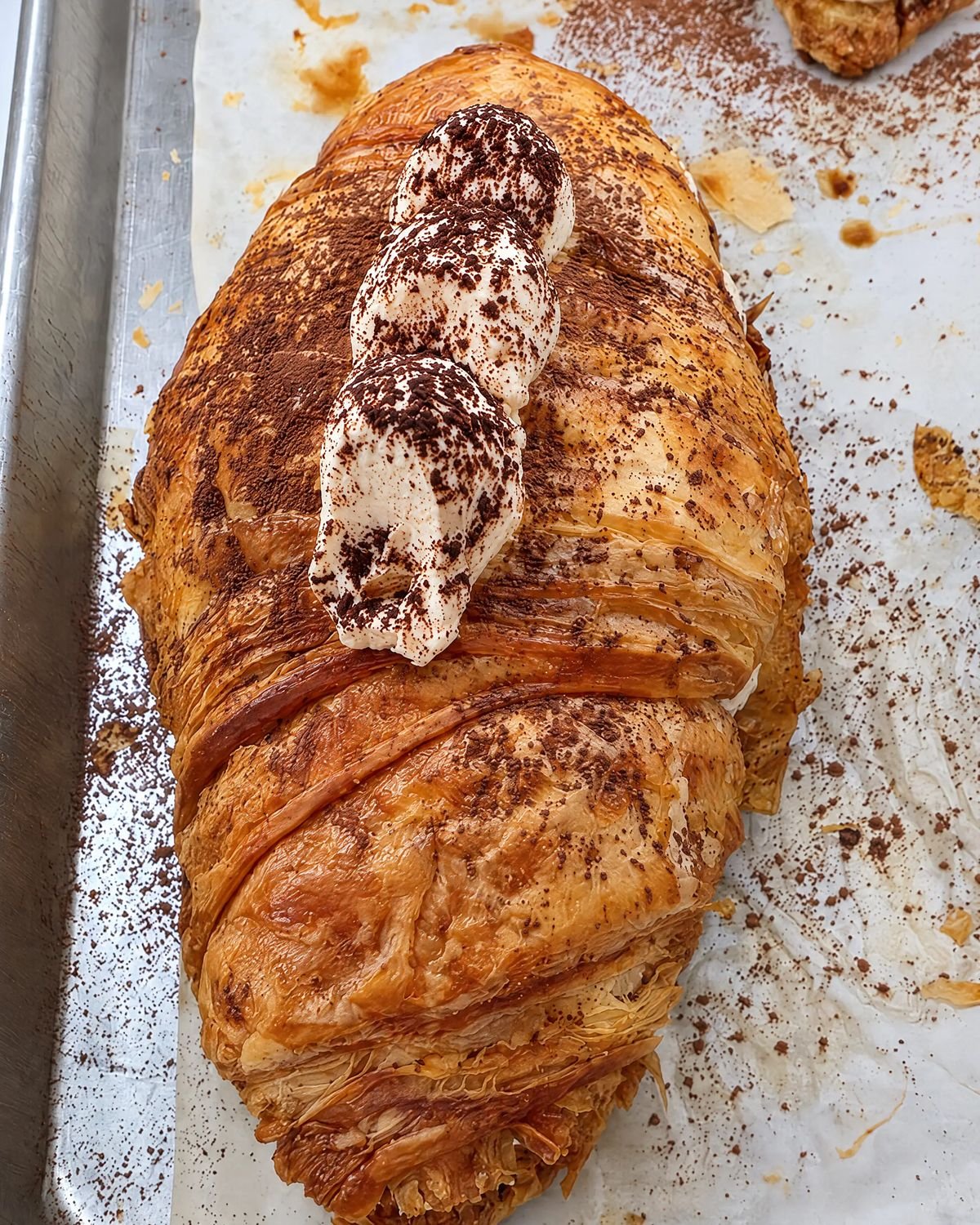 A large flaky croissant piped with cream and dusted with cocoa powder