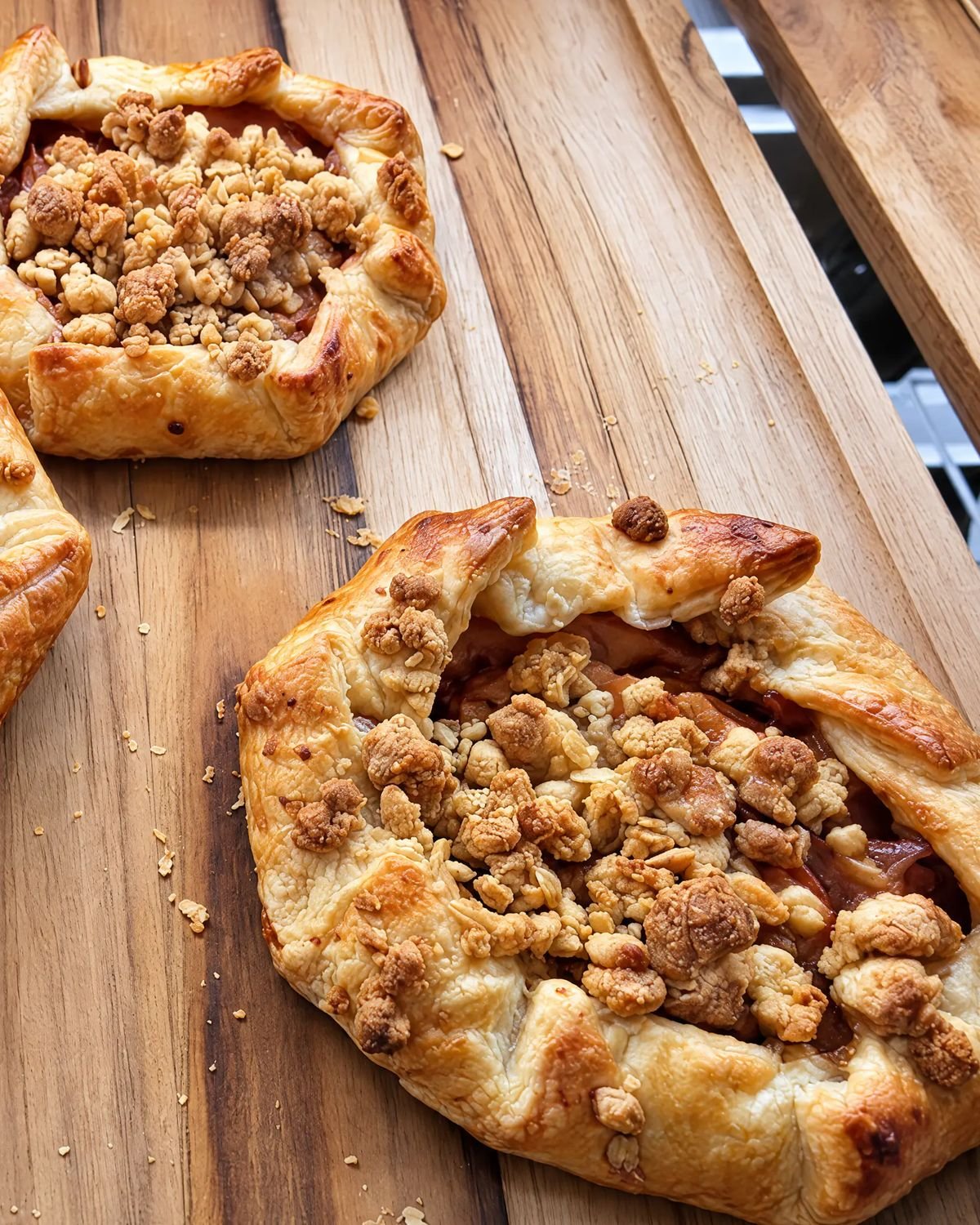 Three rustic free-form galettes with a crumble topping on a wooden board